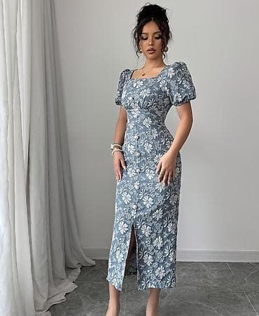 don: Güllü naxışlı midi don - Rəng: boz-mavi fon üzərində ağ çiçək printi — 2