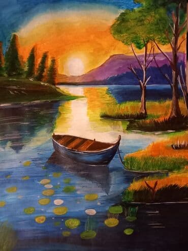 Günəş batarkən çayın üzərində tək bir qayığın təsvir olunduğu — 1