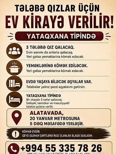 ev kiraye: Tələbə qızlar üçün yataqxana tipində kirayə ev. - 3 qız tələbə üçün — 1