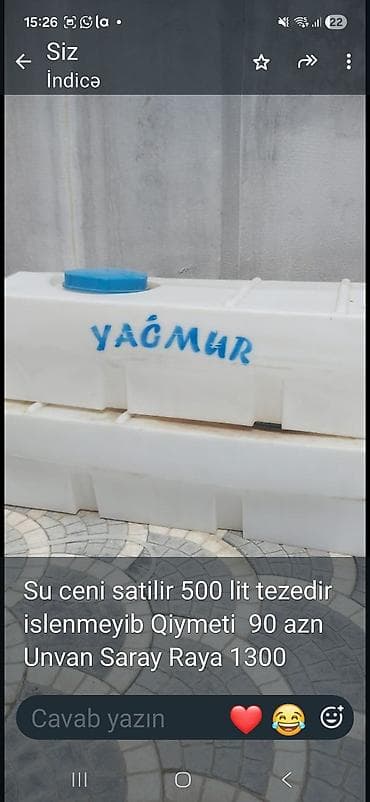 plasdik qaplar: Su çəni – 500 litr, plastik. Üst qapaqlı, ağ rəngdə, üzərində “YAĞMUR” — 1