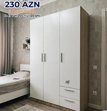 skafi: 3 qapılı paltar dolabı Ölçülər: - Dərinlik: 47 sm - Hündürlük: 200 sm — 1