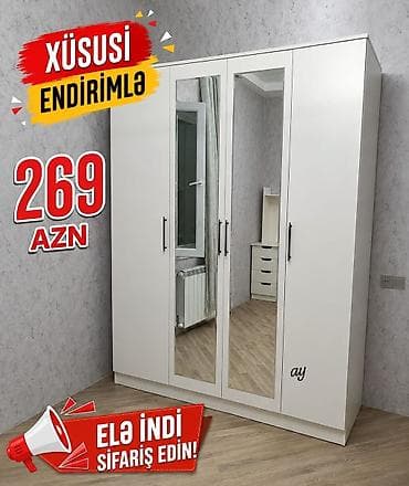 Ağ rəngdə 4 qapılı paltar şkafı - İki orta qapıda boy güzgüləri - Sadə