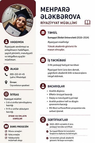 Qırmızı diplomlu riyaziyyat müəllimindən. Əyani və Online riyaziyyat