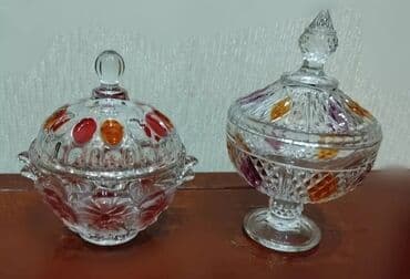 dekor qablar: Şirniyyat qabları dəsti – kəsimli şüşə, rəngli dekorlu - 2 ədəd — 6