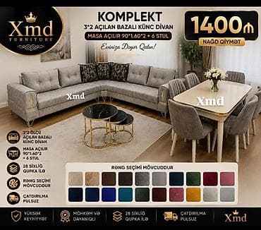 kunc divanlar ve qiymetleri: KOMPLEKT – 3*2 açılan bazalı künc divan + açılan masa (90×160×2) + 6 — 1