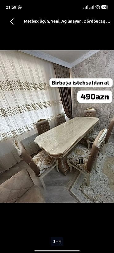 stol uzu: Mətbəx üçün, Yeni, Açılmayan, Dördbucaq masa, 6 stul — 1