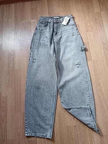 brend geyimler: Model: Geniş kəsimli, yüksək belli boz yuyulmuş cins şalvar Rəng — 1