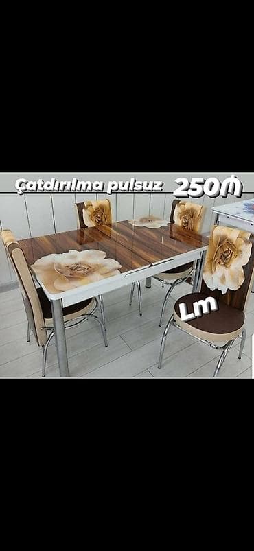 stulla: Mətbəx masa ( üstü şüşə) + 4 stull dəst‼ *İstənilən dəsti seç pulunu — 1