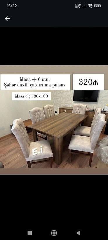 stul kreslo: Mətbəx/qonaq otağı üçün masa və 6 stul dəsti. Xüsusiyyətlər: - — 1