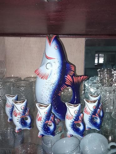 dekorlar: Porselėn “Balıq” sürahi və qədəh dəsti - Material: parlaq glazurlu — 1