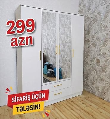 komputer stolu satisi: Ağ rəngli 4 qapılı geyim dolabı - Ön hissədə 2 ədəd böyük güzgü qapı - — 1