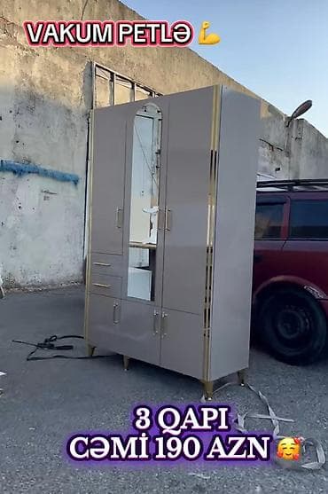 Ev üçün mebel: Güzgülü üçqapılı paltar şkafı - Modellər: açıq krem, ağ və müxtəlif — 8