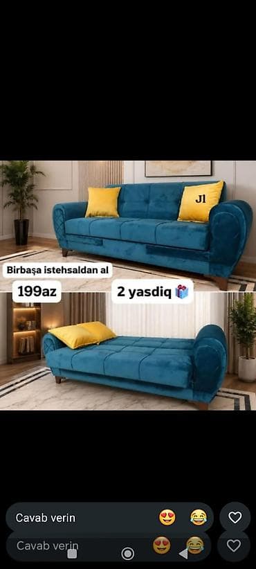Mavi rəngdə, yumşaq parçalı çevrilən divan. Rahat oturma zonası, kürək