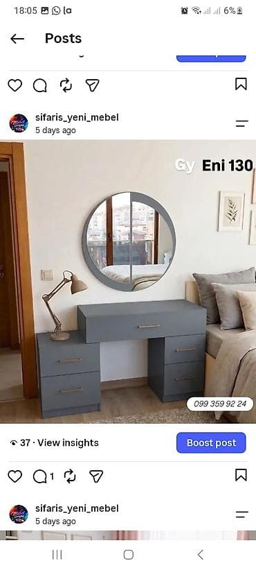 stol ustul: Boz rəngdə modern makiyaj/iş masa dəsti - Ölçü: eni 130 sm (şəkildə — 1