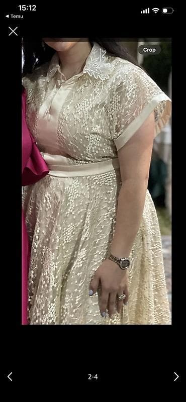 qara uzun don: Qızılı-bej rəngdə zərif qadın paltarı - Dizayn: A-kəsimli, beldən — 2