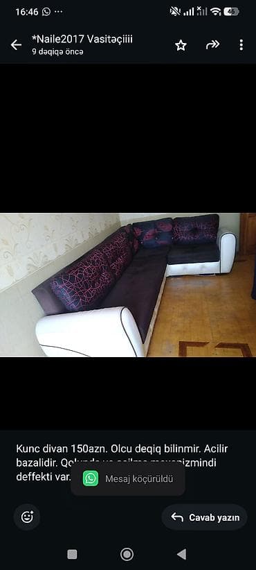 Kunc divan 150azn. Olcu deqiq bilinmir. Acilir bazalidir. Qolunda ve — 1