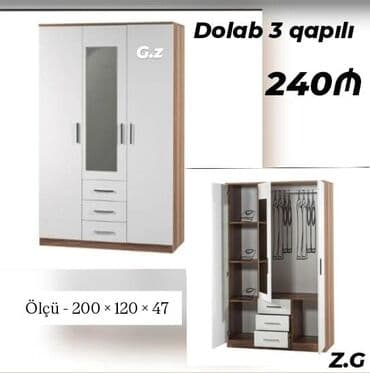 Sifarişlə dolablar: Açılan, 3 qapılı Düz dolab, Qarderob, paltar dolabı