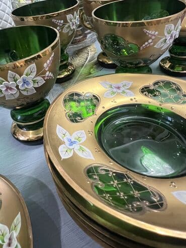 çay serviz: Çay dəsti, rəng - Yaşıl, Bohemia, 6 nəfərlik, Çexiya — 8