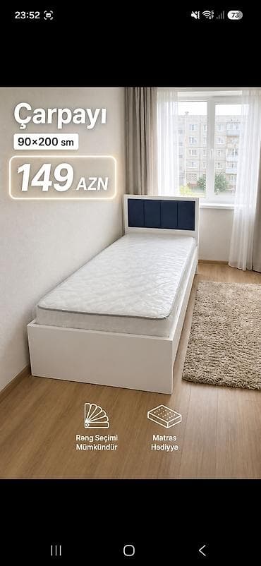 tek stolar: Çarpayı – 90×200 sm - Minimalist dizaynlı, ağ rəngli korpus - Yumşaq — 1