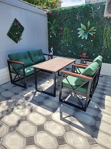 bağ evləri: Kafe/teras üçün metal karkaslı masa və oturacaq dəsti – Komplekt: 1 — 5