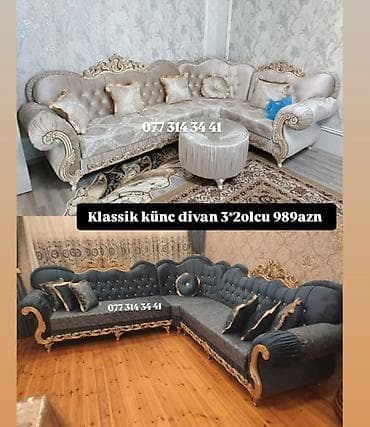 Klassik üslubda künc divan dəsti - Ölçü: 3×2 m - Modellər: qızılı