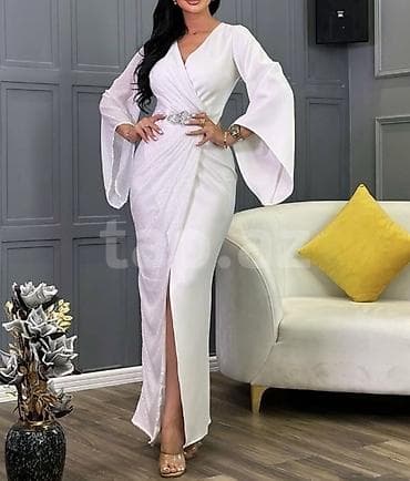 Ağ rəngli zərif ziyafət libası - Model: uzun, bədənə oturan siluet -