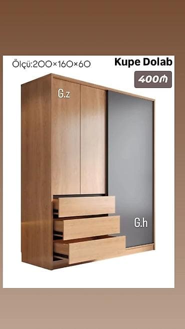 Kupe Dolab Ölçü: 200 × 160 × 60 sm - Slayd qapılı kupe tipli dolab -