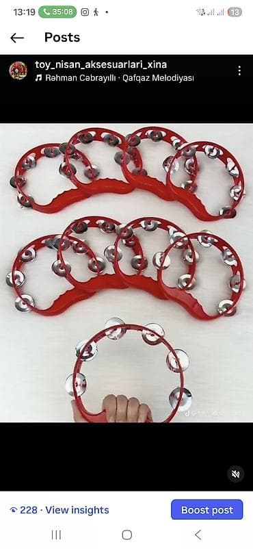 Qırmızı rəngli dairəvi tamburin - Material: möhkəm plastik korpus