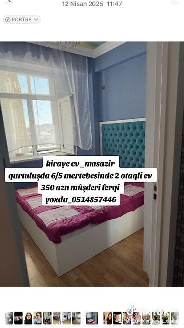 Kiraye ev _masazir qurtuluşda 6/5 mertebesinde 2 otaqli ev 350 azn — 1