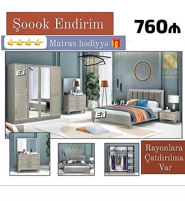 sovde az mebel: Yataq otağı mebel dəsti – müasir dizayn, boz rəng tonları və qızılı — 1