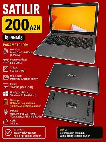 windows 10 masaustu: İşlənmiş ASUS 15.6 ", Intel Core i5, 512 GB, Ünvandan götürmə — 1