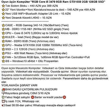 nexus 7: Oyun üçün Kompüter "RGB Core i5 3470 8GB Ram GTX1050 2GB 128GB SSD” — 3