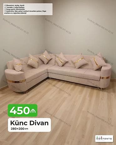 Künc Divan – 280×200 sm - Mexanizm: açılan, bazalı (yataq funksiyası — 1