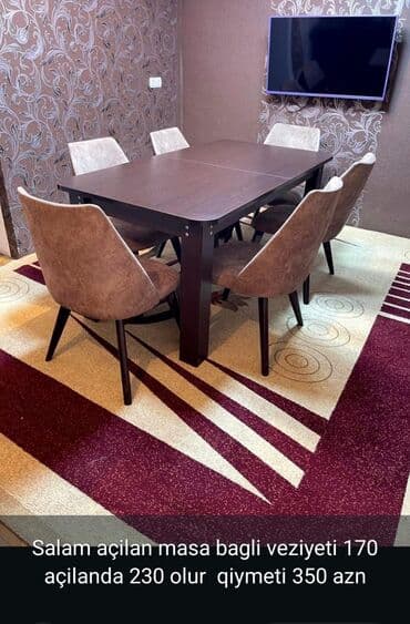 Taburetlər: Qonaq otağı üçün, İşlənmiş, Açılan, Dördbucaq masa, 6 stul — 1