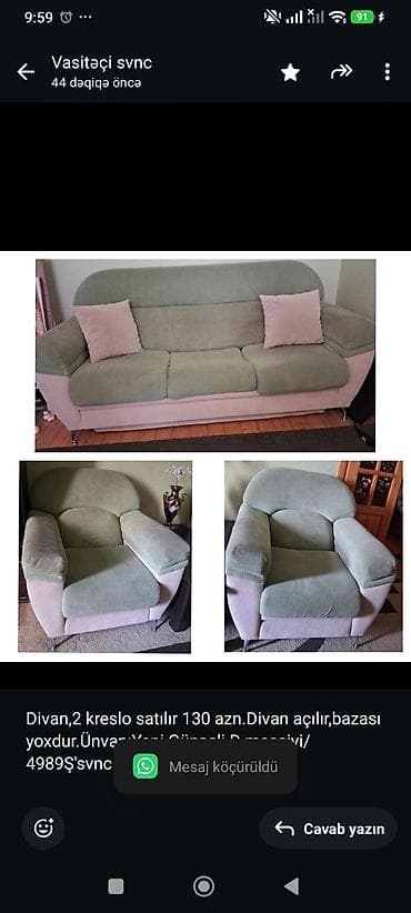 divan krislo: Divan,2 kreslo satılır 130 azn.Divan açılır,bazası yoxdur.Ünvan:Yeni — 1