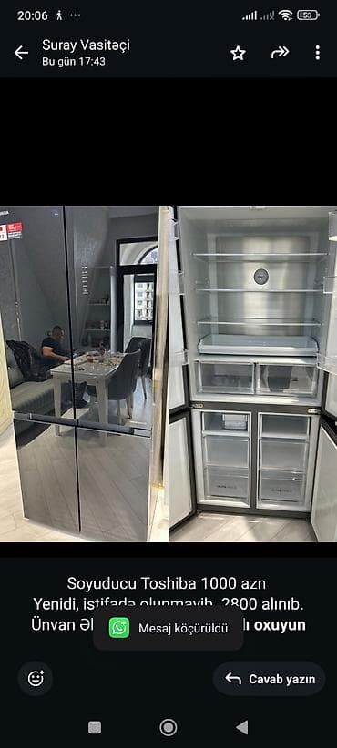 kondisioner mis boru: Soyuducu Toshiba 1000 azn Yenidi, istifadə olunmayib. 2800 alınıb — 1