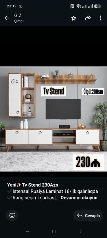 тумбы под телевизор: *Yeni✨Tv Stend 230Azn* ✔️İstehsal Rusiya Laminat 18/lik qalınlıqda — 1
