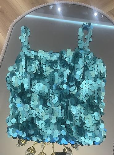 topdan geyim: Turkuaz rəngli parıltılı top - Model: Qalın askılı, kvadrat yaxalı — 1