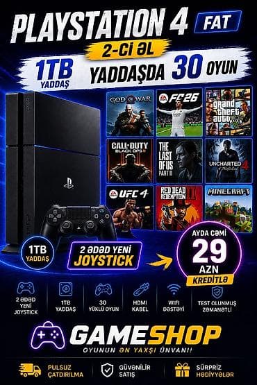 plestesin 4: PlayStation 4 FAT – 1TB yaddaşlı, yaddaşda 30 oyunla Paket məzmunu: - — 1