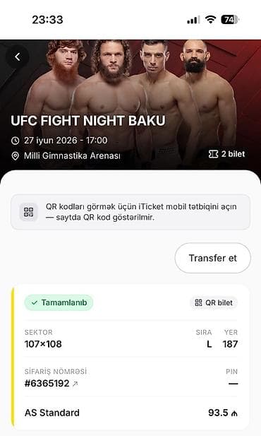 Məhsul: UFC Fight Night Baku üçün bilet Tədbir: - Ad: UFC Fight Night