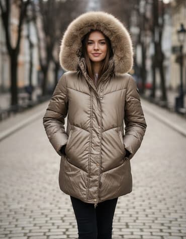 qız donları: Qadın qış şişme kürk kapüşonlu gödəkçə - Rəng: şampan/qızılı metalik — 1