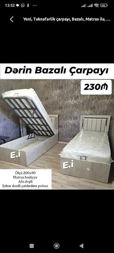 plasmas panel: Dərin bazalı tək nəfərlik çarpayı - Ölçü: 200x90 sm - Dərin baza — 1