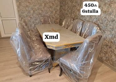 mərmər masa: Qonaq otağı üçün, Yeni, Açılmayan, Oval masa, 6 stul — 8