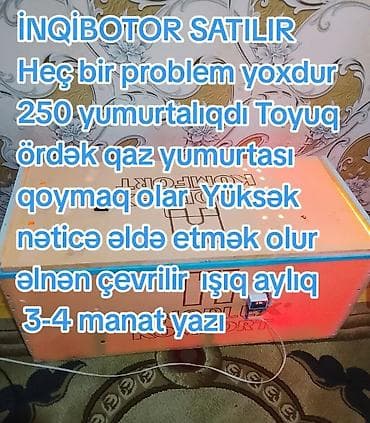 İstehsal avadanlığı: İnkubator – 250 yumurta tutumu Xüsusiyyətlər: - Toyuq, ördək və qaz — 1