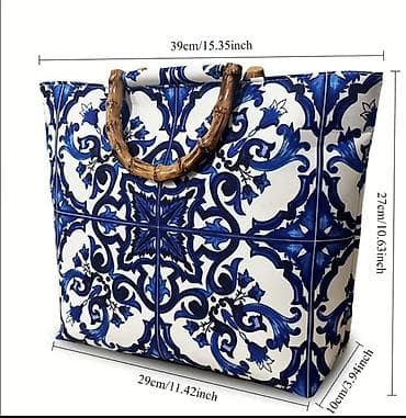 ucuz zapi: Mavi-ağ naxışlı tote çanta - Dizayn: Ağ fon üzərində dərin mavi — 4