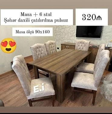 Qonaq otağı üçün, Yeni, Açılmayan, Dördbucaq masa, 6 stul