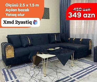 Mebel növü: Künc divan Ölçü: 2.5 x 1.5 m Funksiya: Açılan, bazalı;
