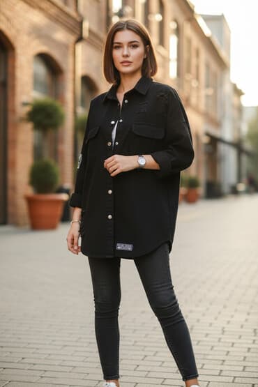 Baha alınıb 😇 Qara rəngli oversize cins köynək/jaket - Parça: qalın