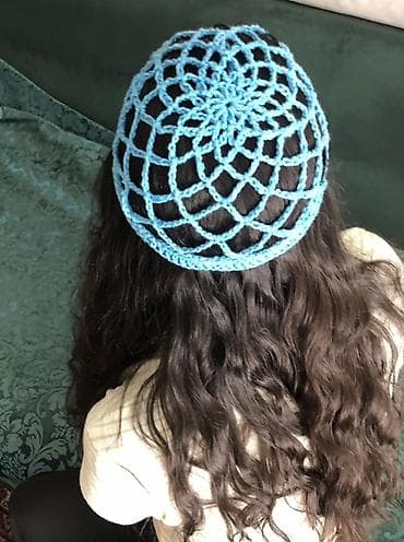 Mavi rəngli, əl işi kroşe saç toru/kipa üslublu baş örtüsü - — 5