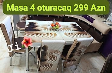 perla stul: Mətbəx/nahar dəsti – 1 masa + 4 oturacaq – Üstü şüşə səthli masa, zen — 1